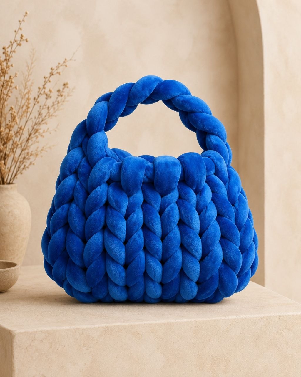 A cobalt blue hand-braided plush bag displayed on a warm stone pedestal